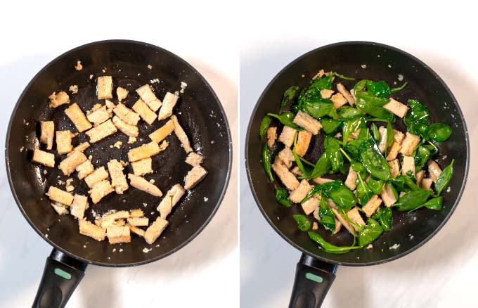Side-by-side view of a saucepan in which vegan chicken and spinach are fried.