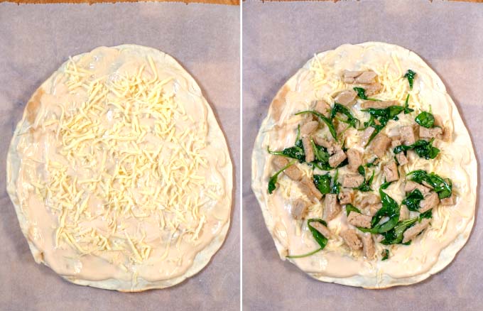 Step-by-step guide showing how to layer first Alfredo Sauce and then chicken and spinach on a crust.