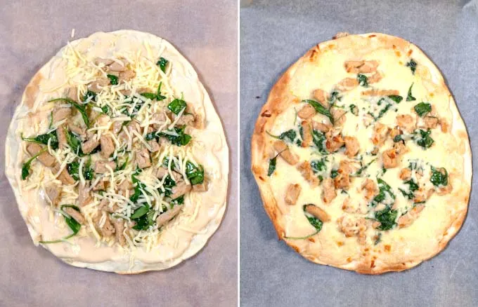 Side-by-side view of the Alfredo Pizza before and after baking in the oven.