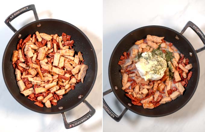 Side-by-side view of vegan chicken and bacon in a pan, with added ingredients for the creamy ranch sauce.