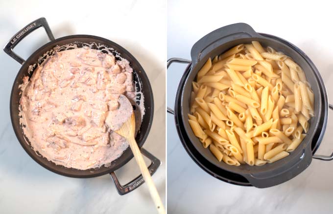 Side-by-side view of creamy chicken and bacon sauce and pasta after cooking.