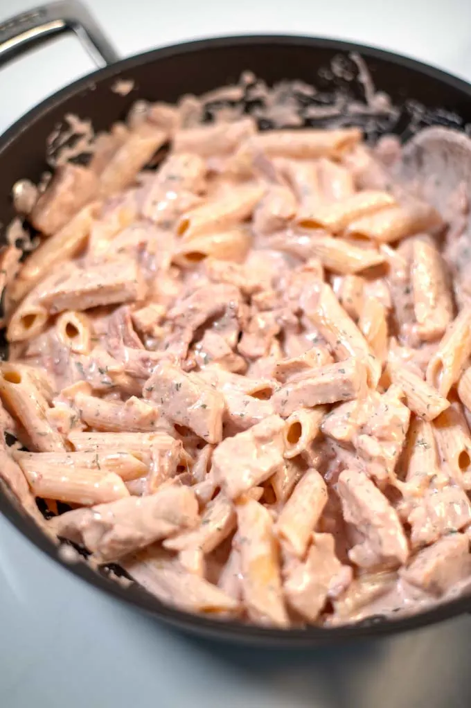 Closeup of Chicken Bacon Ranch Pasta.