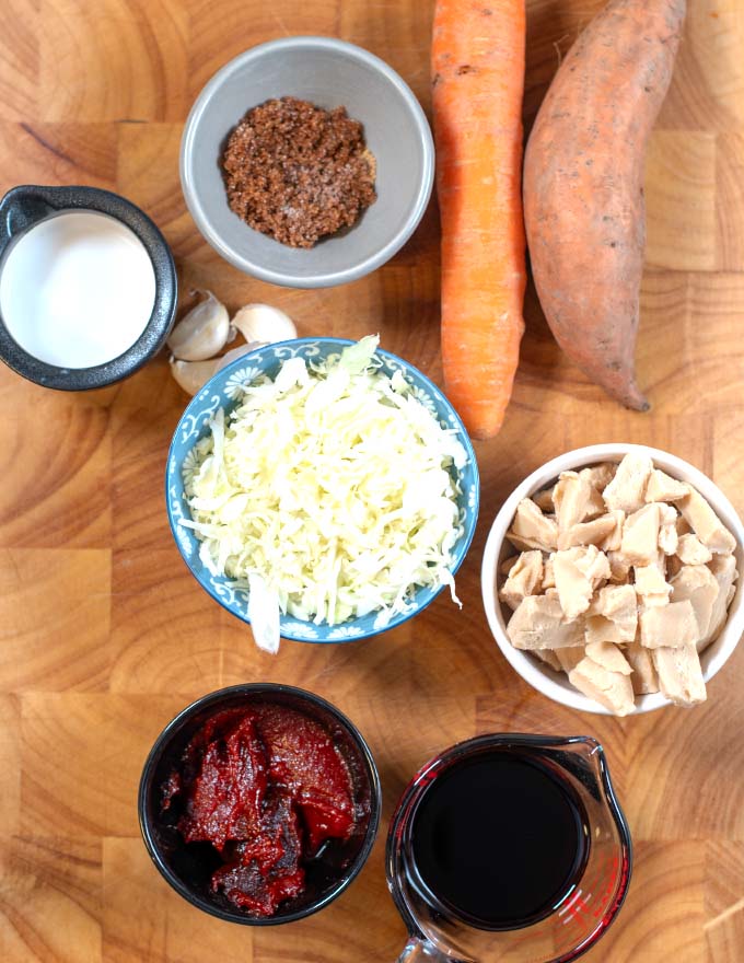 Ingredients needed to make Dak Galbi are collected before preparation.