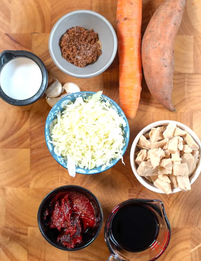 Ingredients needed to make Dak Galbi are collected before preparation.