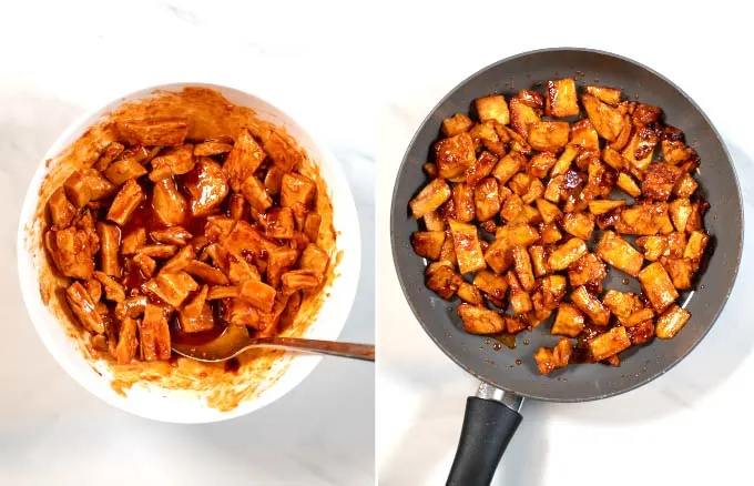 Step-by-step pictures showing how vegan chicken bites are marinated and then pre-fried in a pan.