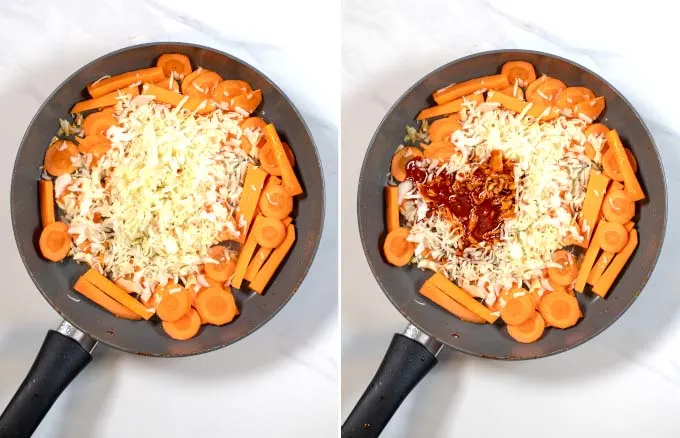Step-by-step pictures showing how vegetables are stir fried for Dak Galbi.