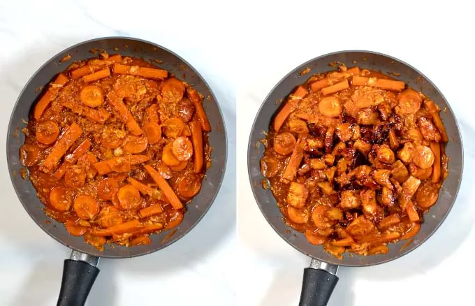 Side-by-side view of mixing all ingredients for in the pan.