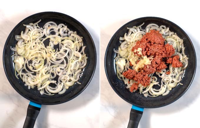 Side-by-side view of aa skillet in which onions and vegan ground beef are fried.