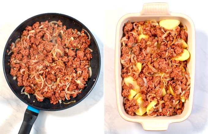 Visual guide how potatoes and onion-beef mixtuer are transferred to a bakinf dish.