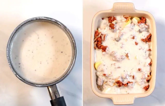 Step-by-step guide showing how creamy sauce with mushroom soup is poured over the casserole.