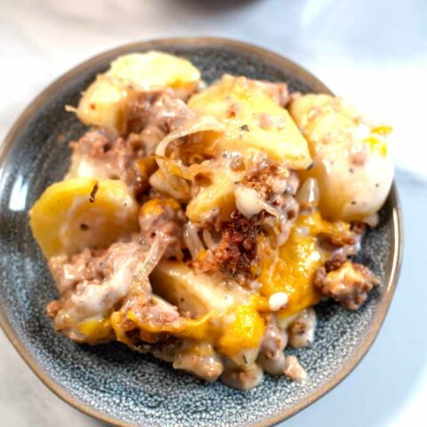 Closeup on a single serving portion of Hamburger Potato Casserole.