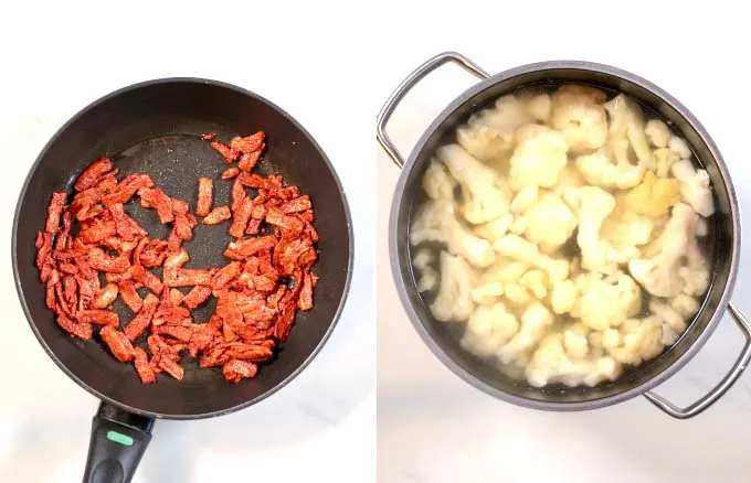 Side-by-side view of the preparation of vegan bacon bits and cauliflower.