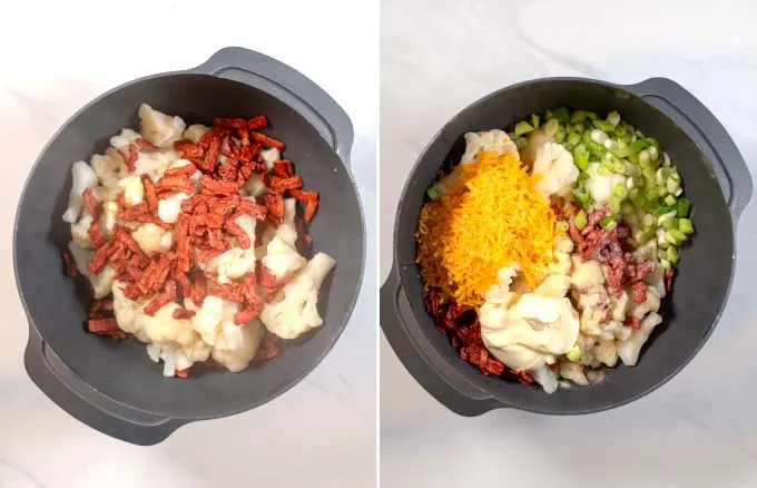 Side-by-side view showing how the ingredients are given to a large mixing bowl.