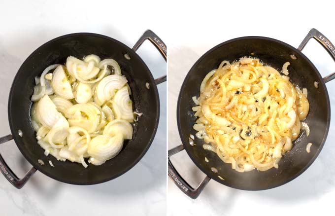 Step-by-step pictures showing how sliced onions are caramelized.