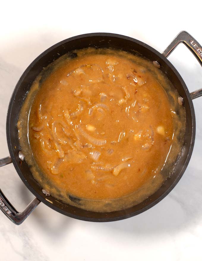 Top view of Southern Onion Gravy in a pan.