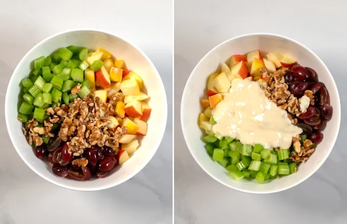 Side-by-side view of a large mixing bowl with the Waldorf Salad ingredients, before and after adding the dressing.