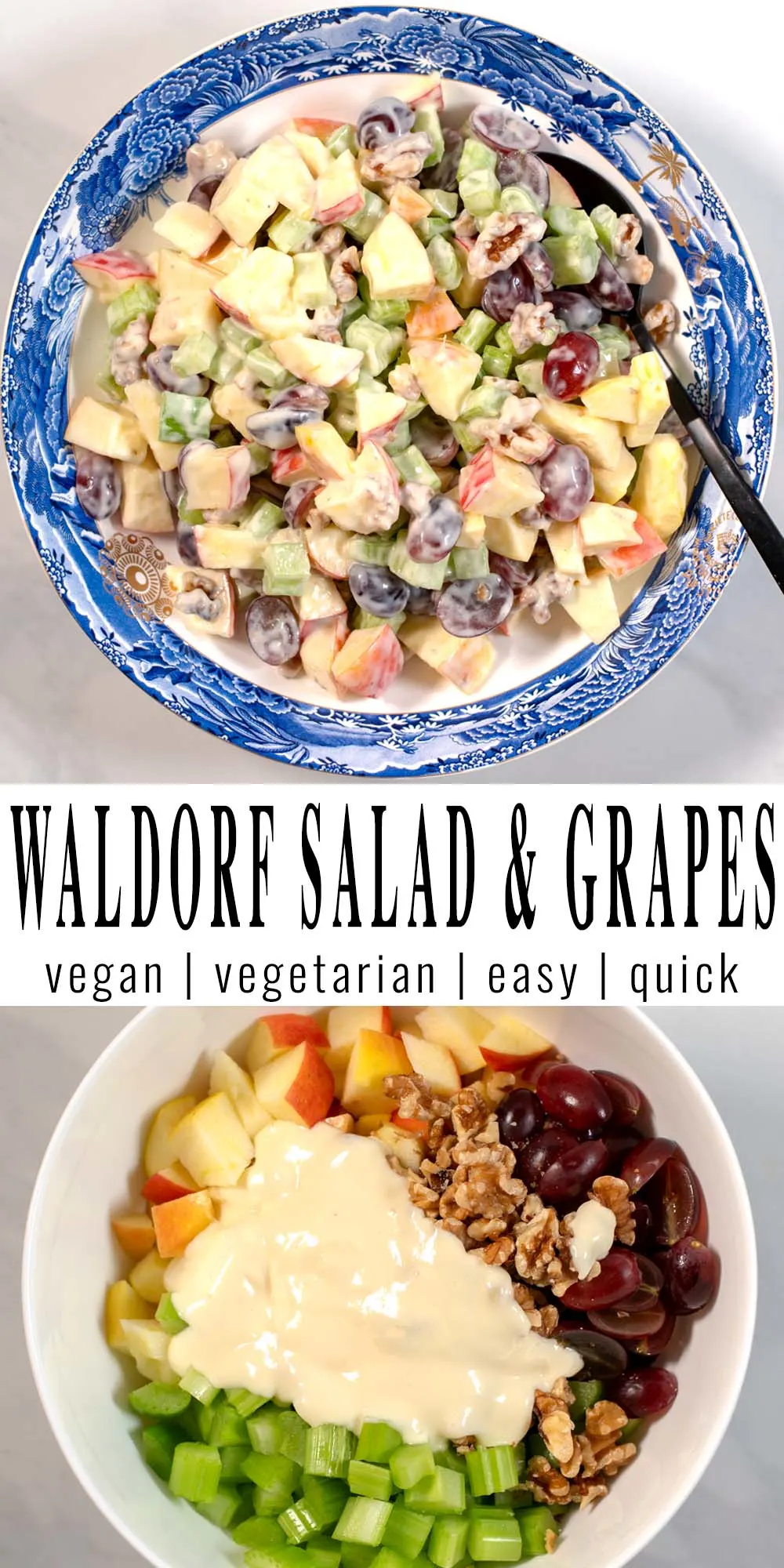 Collage of two photos showing the Waldorf Salad with grapes.