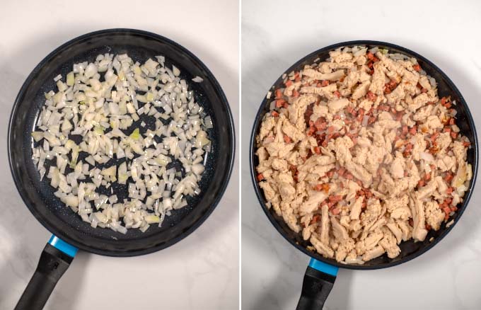 Side-by-side view of a skillet with onions, then added vegan chicken and bacon.