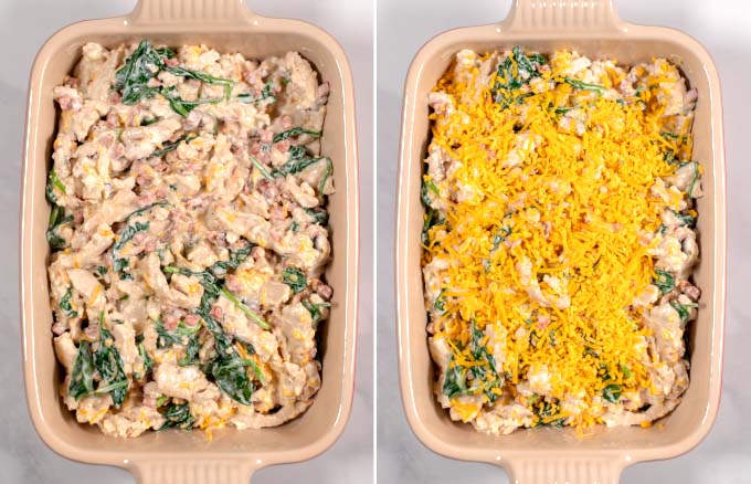 Side-by-side view of a casserole dish with the Keto Bacon Chicken Casserole before baking.