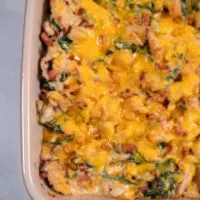 Closeup of Keto Bacon Chicken Casserole.