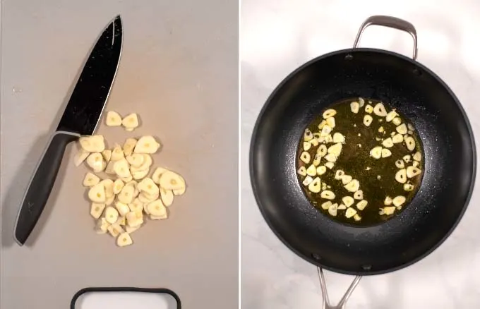 Side-by-side view of thinly sliced garlic on a cutting board and being fried in olive oil.