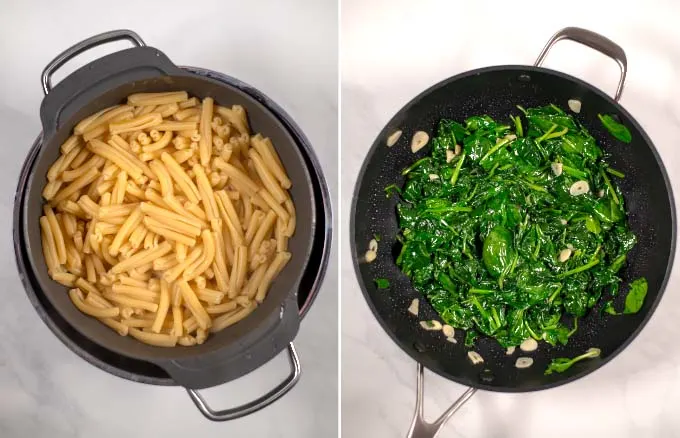 Side-by-side view of cooked Casarecce Pasta and sauteed spinach with garlic.