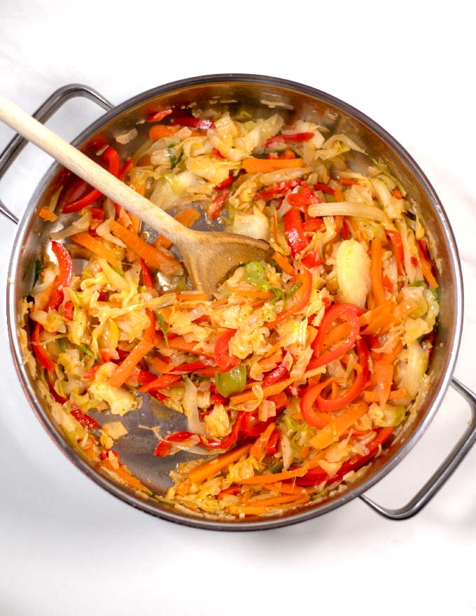 Ready Jamaican Cabbage in a skillet.