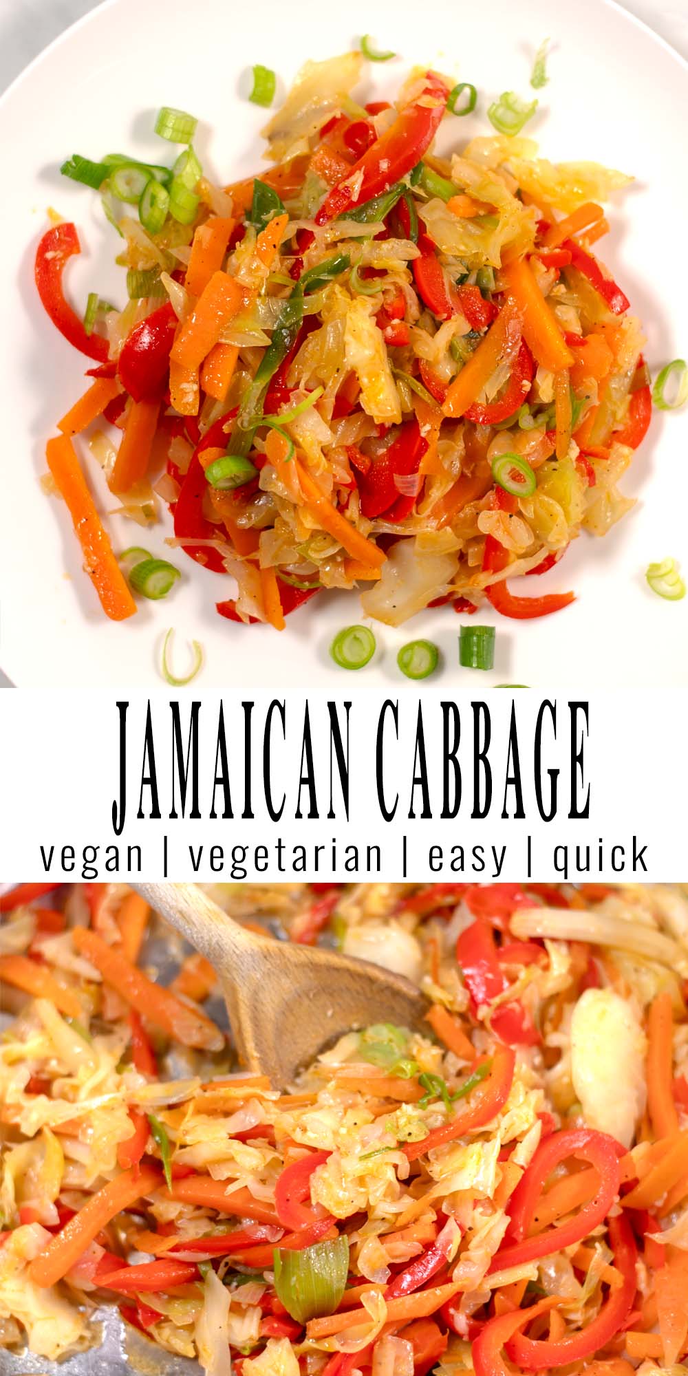 Collage of two photos showing Jamaican Cabbage with recipe title text.