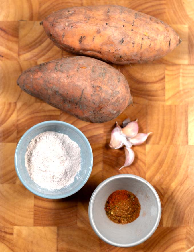 Ingredients needed to make Jamaican Sweet Potato are collected.