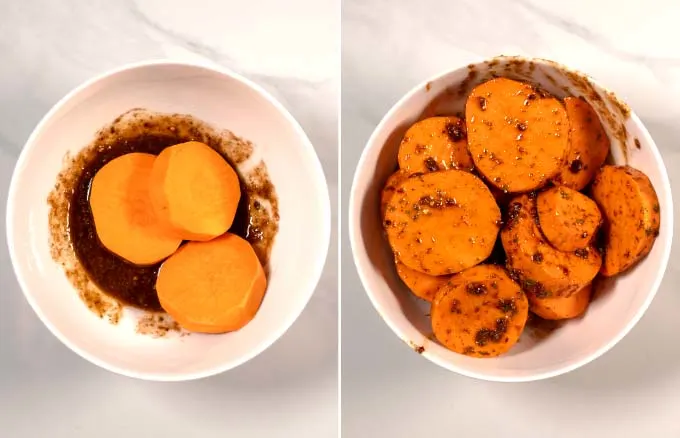 Step-by-step pictures showing how sweet potato slices are covered in sauce.