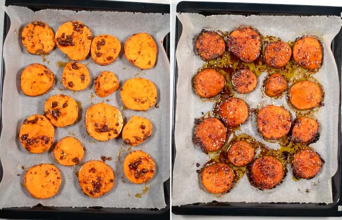 Before and after view of a baking sheet with Jamaican Sweet Potato.