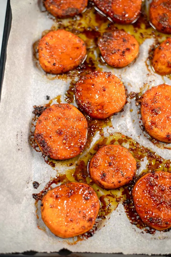 Closeup of Jamaican Sweet Potato on a baking sheet.