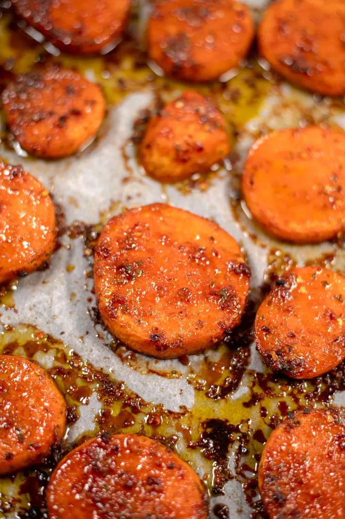 Closeup of Jamaican Sweet Potatoes on a baking sheet.