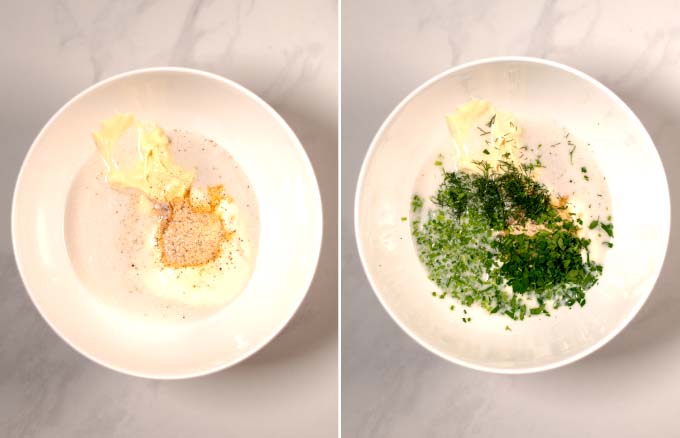 Side-by-side view of a large mixing bowl with the wet and dry ingredients for the Keto Ranch Dressing.