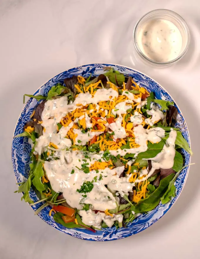 Top view of a salad with Keto Ranch Dressing.