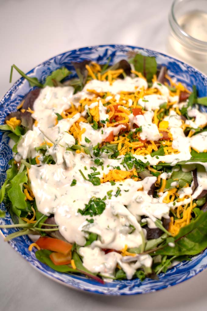 Closeup of a serving of salad.