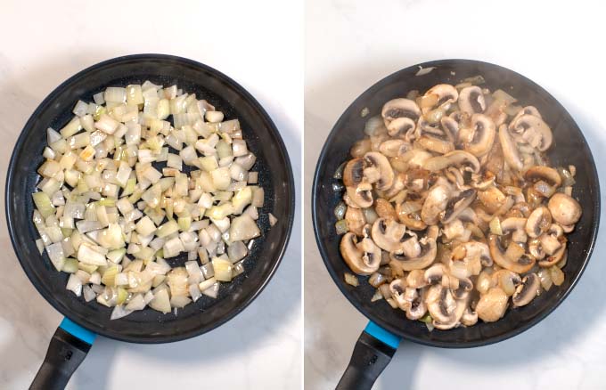 Side by side view of a saucepan showing how onions and mushrooms are sauteed.