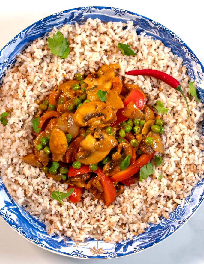 A serving of Mushroom Curry with rice.