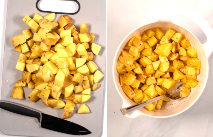 Side-by-side view of how to cut and marinate potato cubes.