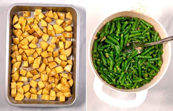 Side-by-side view of a baking dish with the seasoned potato cubes and a bowl with green beans.