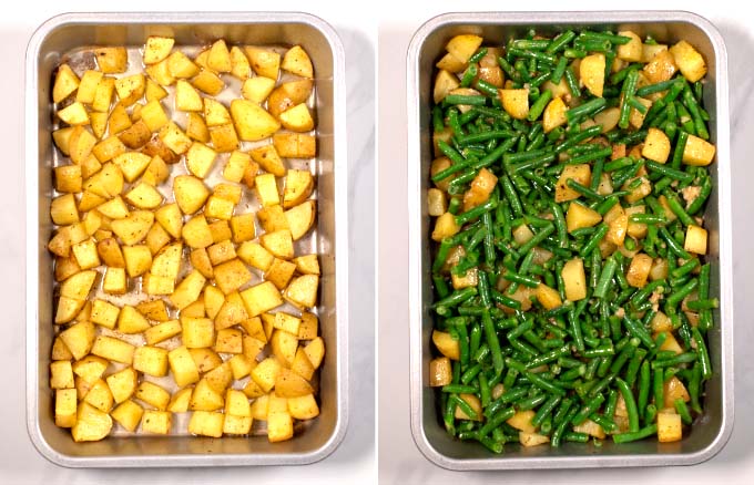 Step-by-step pictures of half-baked potato cubes mixed with green beans.