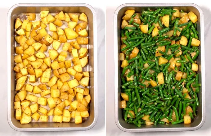 Step-by-step pictures of half-baked potato cubes mixed with green beans.