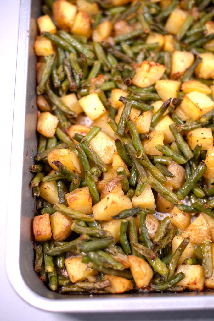 A serving of the ready Baked Potatoes and Green Beans.