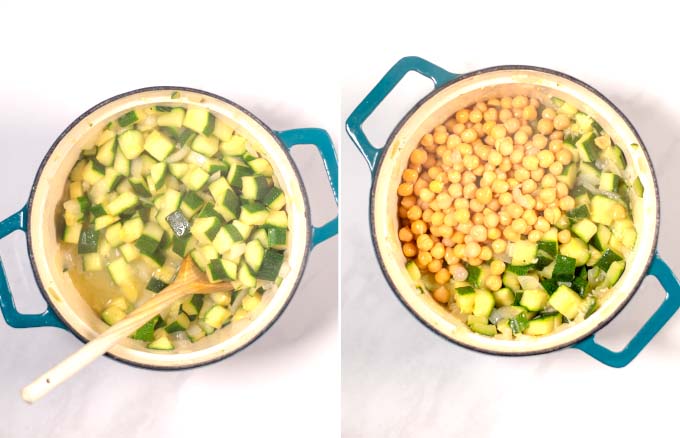 Step-by-step pictures showing frying of zucchini and onions, as well as chickpeas in a saucepan.