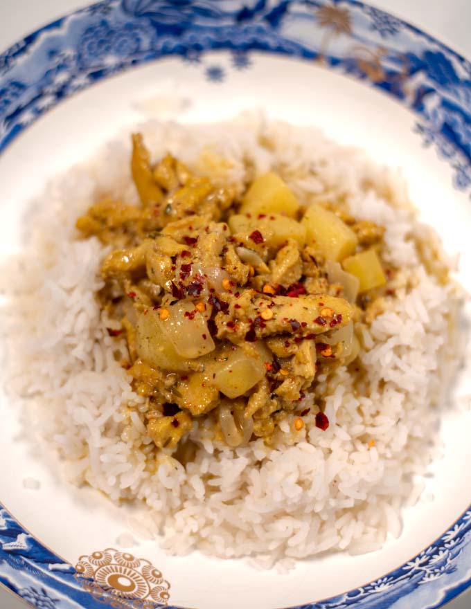 Closeup of a portion of Jamaican Curry Chicken.