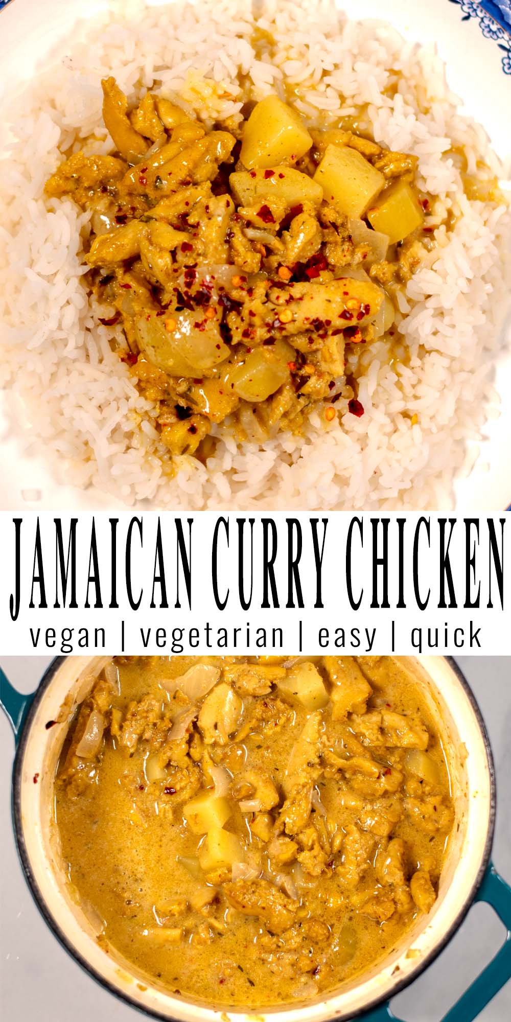 Collage of two photos of Jamaican Chicken Curry with recipe title text.