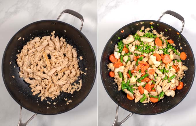 Side-by-side view of a large pan with vegan chicken stripes and vegetables being fried.