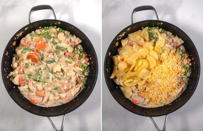 Side-by-side view showing how cream of mushroom soup and potato chips are added to the chicken and vegetable mixture.