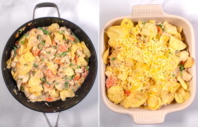 Step-by-step pictures showing the mixed casserole before and after transfer to a casserole dish.