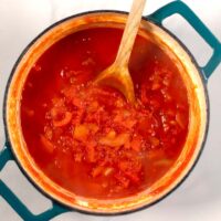 Top view of a large pot with the finished Southern Stewed Tomatoes.